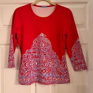 J. J McLaughlin Top Signature‎ Tee Catalina Cloth Red Blue Damask Printed Small